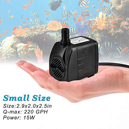 220GPH Ultra Quiet Fountain Pump (15W 800L/H), Small Submersible Pump for Pond, Water Feature, Aquariums, Fish Tanks, Hydroponics, Indoor or Outdoor Fountain (AC Powered)