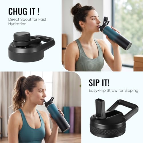 Fijinhom 24 oz Insulated Water Bottle with Handle, 304 Stainless Steel Water Bottles with 2 Lids, Double Wall Vacuum Sports Water Cup with Straw, BPA Free, Keep Cold and Hot, Blue/Black - color: 2 Lids - Blue/Black, size: 24 Ounces