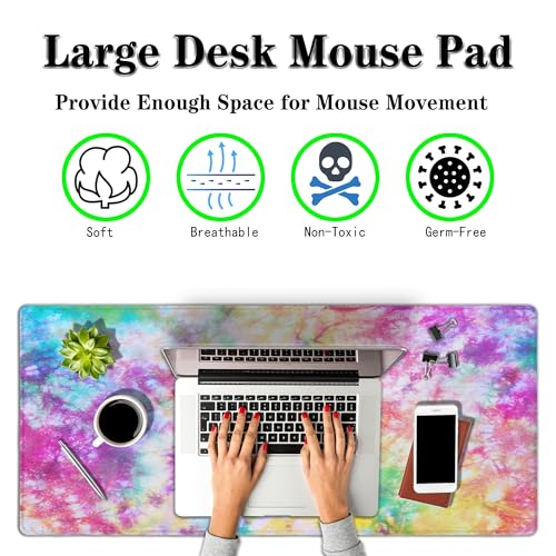 Desk Mouse Pad Rainbow Mats, XXL Mouse Pads Desk Pad for Women Keyboard Big Mousepads, Long Desk Pad Non-Slip Rubber Base, 35.4 X 15.7 inch for Work/Game/Office/Home Splash Tie Dye Pattern - color: Tie Dye