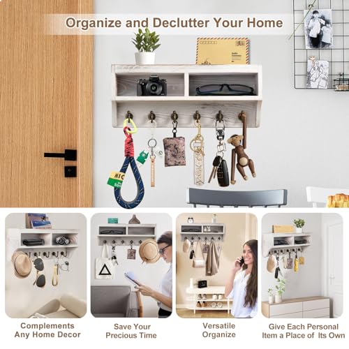 Key Holder Wall Mount with Mail Organizer, 6 Hooks & Shelf, White - color: White