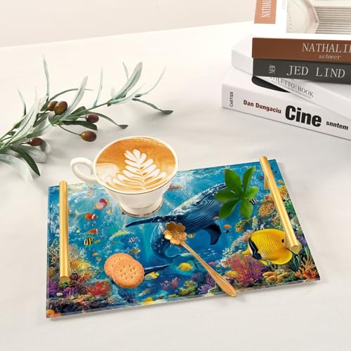 Bathroom Vanity Tray Counter Organizer, Whale and Vibrant Tropical Fish Underwater Decorative Tray with Handles Countertop Storage for Bathroom Bedroom Kitchen Home