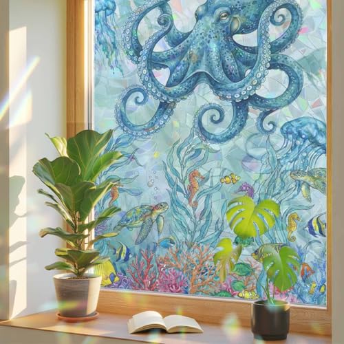 Underwater Life Octopus Coral Window Privacy Film,Heat Control Sun Blocking Static Cling Rainbow Film,Ocean Seaweed Fish Seahorse Non-Adhesive Glass Sticker Door Window Tint,17.7" x 78.7"