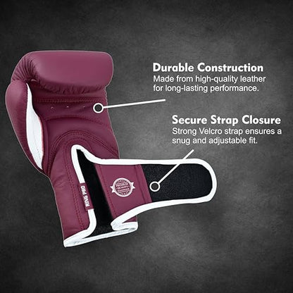 Ring Pro Leather Boxing Gloves with Strap – Premium for Training, Sparring, MMA, Kickboxing, Muay Thai (Unisex) - color: Maroon, size: 12 oz
