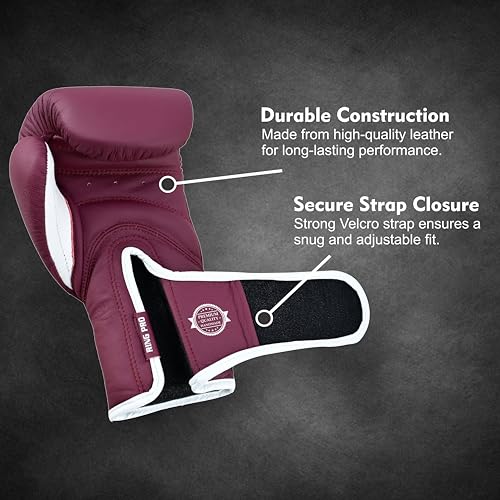 Ring Pro Leather Boxing Gloves with Strap – Premium for Training, Sparring, MMA, Kickboxing, Muay Thai (Unisex) - color: Maroon, size: 16 oz