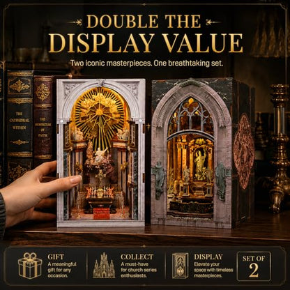 2 Sets of Book Nook Kit, DIY Miniature Dollhouse Church Booknook, Model Kits Craft Kits for Adults, Teens and Beginners, Tiny House Bookshelf Decor 3D Wooden Puzzle, Gifts for Family and Friends