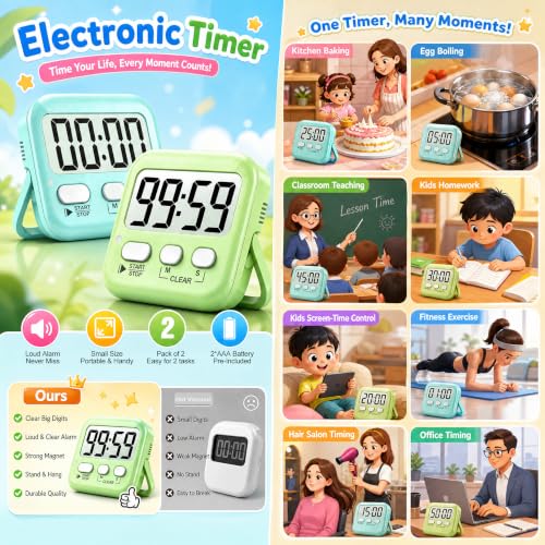 Antonki 2 Pack Digital Timer for Kids Classroom Kitchen Timers for Cooking - color: 2 * Amazing Macaron ( 98%+choice for Kids )