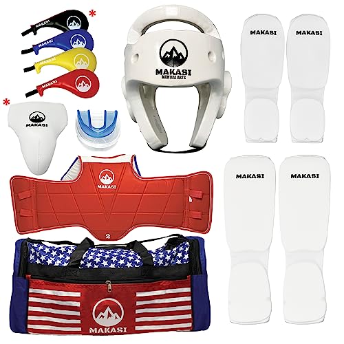 Martial Arts Taekwondo Sparring Gear Equipment Set Headgear Cloth Shin Instep Arm Chest Mouthguard Bag - color: White