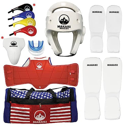 Martial Arts Taekwondo Sparring Gear Equipment Set Headgear Cloth Shin Instep Arm Chest Mouthguard Bag - color: White