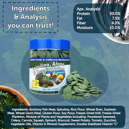 12mm - 1/2" Small Sinking Wafers of Spirulina, Algae & Veggies for Plecos, Catfish, Shrimp, Snails, Crabs, Crayfish, 12-Type Pellet Mix & 4-Type Wafer Mix Included..4.9oz Canister