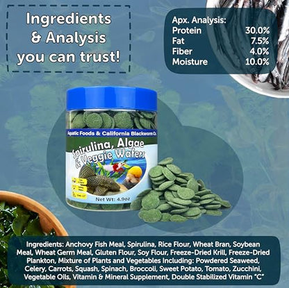 12mm - 1/2" Small Sinking Wafers of Spirulina, Algae & Veggies for Plecos, Catfish, Shrimp, Snails, Crabs, Crayfish, 12-Type Pellet Mix & 4-Type Wafer Mix Included..4.9oz Canister