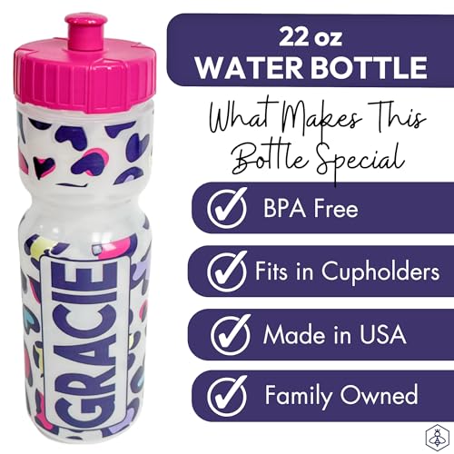 50 Strong | Personalized Kids Sports Water Bottle, 22 oz, Leopard Hearts - color: Hearts - Custom