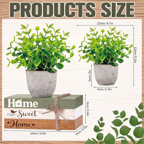 4 Pcs Spring Table Centerpieces with Fake Eucalyptus Pot Plant Home Sweet Home Decoration Farmhouse Tiered Tray Tabletop Decor Wooden Stack Book Block Sign for Desk Shelf Housewarming Gift - style: Classic