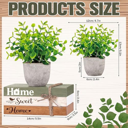 4 Pcs Spring Table Centerpieces with Fake Eucalyptus Pot Plant Home Sweet Home Decoration Farmhouse Tiered Tray Tabletop Decor Wooden Stack Book Block Sign for Desk Shelf Housewarming Gift - style: Classic