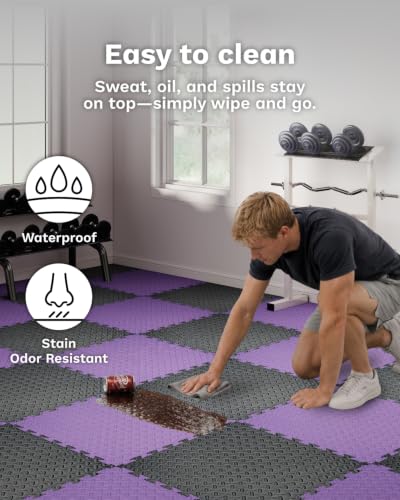 AIRHOP Upgraded 0.79" Extra Thick 48 Sq Ft High-Density Eva Foam Exercise Gym Mats, 12 Pcs Large Interlocking Puzzle Floor Tiles (24"x24") for Home Gym - color: Black/Purple
