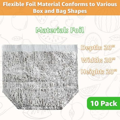 Insulated Box Liner for Frozen Food, Meat, or Fish, Foil Thermal Shipping Bag, 10 Pack 20 x 20 x 20