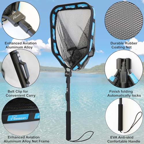 GOODCAT Floating Fishing Net with Magnetic Release, Foldable Landing Net for Kayak Boat Shore Fishing - color: A: Square-Extend Length:32.5"