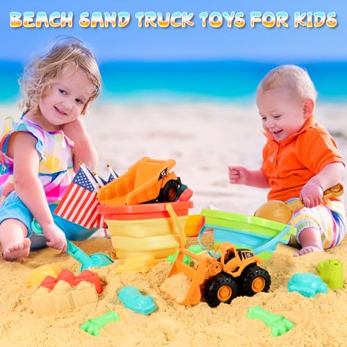 Beach Sand Toys for Kids, 29PCS Sandbox Toys with 2 Collapsible Bucket Sand, 2 Dump Truck, Dinosaur Molds, Castle Building Kit, Shovel Sieve,Flags,Mesh Bag Travel Beach Toys for Toddler 3-10