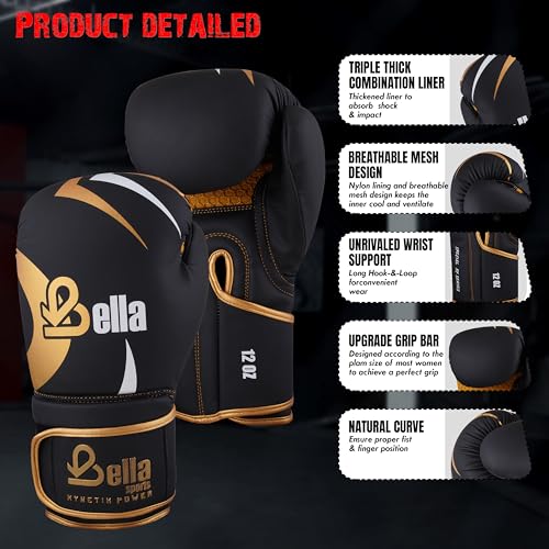 Bella Boxing Gloves - Pro Training & Sparring Gloves, Maya Hide Leather, Men Women Adult, Muay Thai MMA Kickboxing Workout, Heavy Punching Bag & Focus Mitts, Multi Layer Padding, Ventilated Palm - color: Golden, size: 8oz