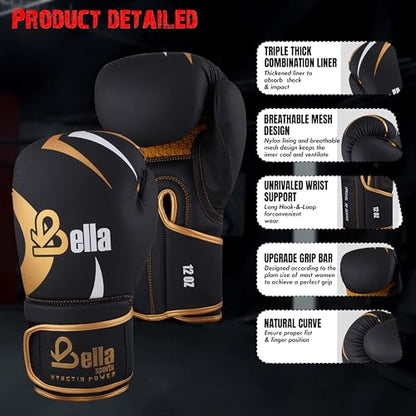 Bella Boxing Gloves - Pro Training & Sparring Gloves, Maya Hide Leather, Men Women Adult, Muay Thai MMA Kickboxing Workout, Heavy Punching Bag & Focus Mitts, Multi Layer Padding, Ventilated Palm - color: Golden, size: 8oz