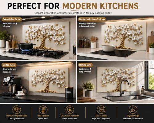 Evgosm Tempered Glass Backsplash for Kitchen, Flowers Stove Splashback, Glass Backsplash, Used for Kitchen Wall Protection and Decoration, Easy to Install and Clean. (30x16'')
