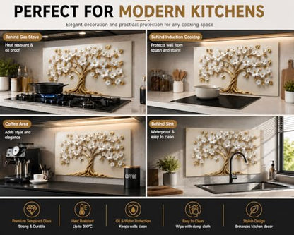 Evgosm Tempered Glass Backsplash for Kitchen, Flowers Stove Splashback, Glass Backsplash, Used for Kitchen Wall Protection and Decoration, Easy to Install and Clean. (30x16'')