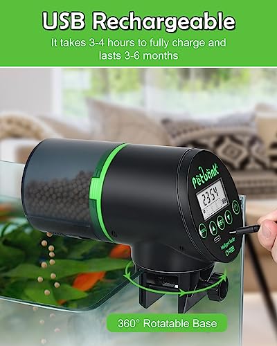 Automatic Fish Feeder - Rechargeable Timer Fish Feeder with USB Charger Cable, Fish Food Dispenser for Aquarium or Fish Tank - color: Black
