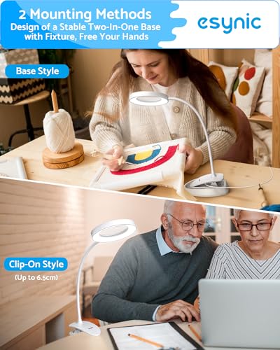 eSynic Desktop Magnifier with Light-40 LEDs- 5 Color Modes-10 Dimmable Brightness-Blue Light Blocking-5X & 10X Magnification-Flexible Gooseneck-Magnifying Lamp with Clamp & Base Stand– for Reading