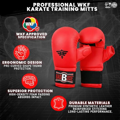 Professional WKF Karate Training Mitts | Karate Gloves with Thumb Elastic/Hook & Loop Closing | Premium Sizing - color: RED, size: Large