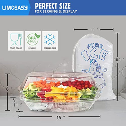 Chilled Serving Tray, 15" Clear Plastic Party Platter with 4 Compartments, Ice Serving Bowl with Lid, Shrimp Cocktail Serving Dish, Cold Food Buffet Server for Fruit, Veggie, Appetizer, Sushi - size: 15 Inch (Chilled Serving Tray）