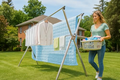 AZK Clothes Drying Rack Extendable Laundry Drying Rack with 20 Hooks | Stainless steel Sturdy Lightweight Frame Foldable Portable Design for Indoor and Outdoor Sun Drying of Garments 79.55In - size: 79.55 inches
