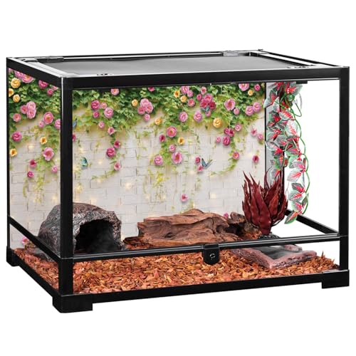 AWERT 36x24 inches Glitter White Brick Wall Aquarium Background Pink Flowers Plant Leaves Spring Garden Scenery Fish Tank Background Reptile Habitat Background Vinyl Background - size: 36x24in/90x60cm