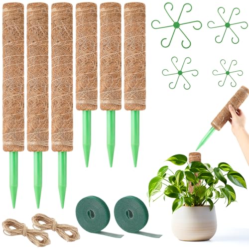6 Pack Moss Pole for Plants Monstera,Stackable Moss Pole for Plants,Coir Totem Pole Tall for Climbing Plant,Sphagnum,Indoor Potted Plant with Garden Ties and Stem Support (3x17in + 3x12in)