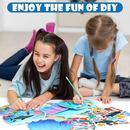 Frienda 48 Set Fishbowl Sticker Craft Kit Make Your Own Under the Sea Ocean Scene Stickers Bulk DIY Ocean Sea Animals Scene Stickers Shark Clown Fish for Summer Party Favors Home Game Activities - style: Fish