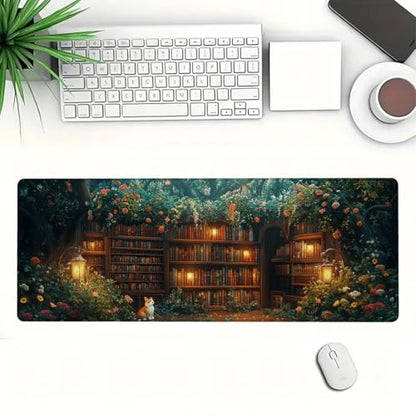 Forest Library Desk Mat Secret Garden Cat Fairy Tale Light Mousepad XL Large Gaming Mouse Pad Laptop Keyboard Mat Desk Pad For Office Desktops, Home Workstations, and Laptops 31.5x11.8 Inch