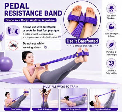 Upgraded 6-Tube Pedal Resistance Band Set with Handles & 3-Pack Figure 8 Exercise Bands, Multifunction Tummy Trimmer Sit Up Pull Rope for Full Body Home Gym Workout, Men Women Fitness Equipment