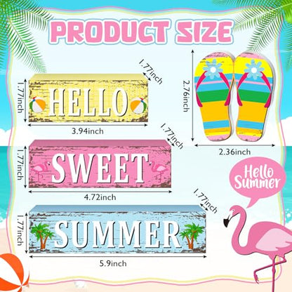 4 Pcs Summer Flip Flop Wooden Table Decorations Hello Summer Centerpiece Tiered Tray Decor Beach Farmhouse Blocks Table Top Sign for Home - style: Summer