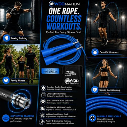 WOD Nation Adjustable Speed Jump Rope For Men, Women & Children - Blazing Fast Fitness Skipping Rope Perfect for Boxing, MMA, Endurance - color: Blue