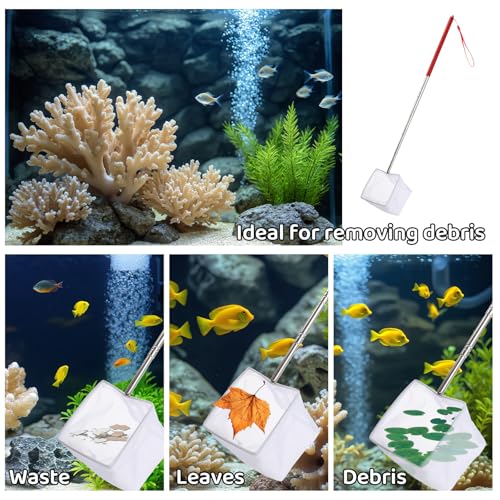 3 Inch Aquarium Net, Fish Net for Fish Tank with 8.6" to 39" Long Extendable Stainless Steel Handle Red Small Square Fine Mesh Shrimp Nets Pond Food Residue Debris Skimming Tool for Fishes Shrimp