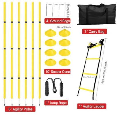 Soccer Agility Training Equipment, 6 Adjustable Soccer Training Agility Poles, 1 Speed Agility Ladder,10 Soccer Agility Cones for Training, 1 Jump Rope + Storage Bag for Youth Soccer Drills