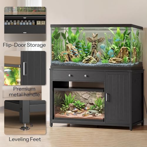 HOOBRO 55-75 Gallon Fish Tank Stand with Charging Station, Heavy Duty 650LB Capacity Aquarium Stand, Reptile Tank Stand with Flip-Door Drawer and Cabinet Storage, Black BB120UFT01