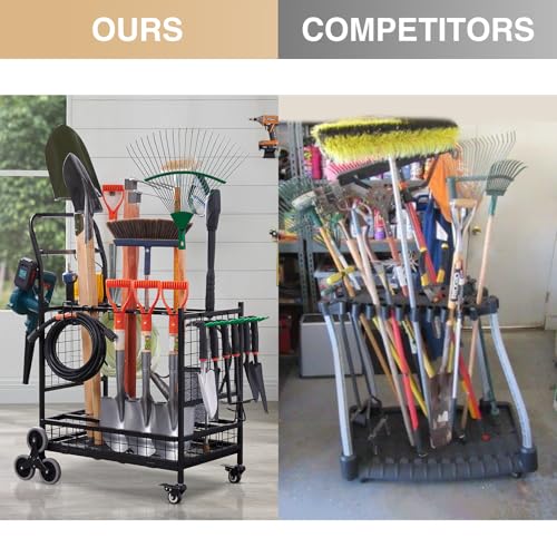 Lauren&Harold Garden Tool Organizer with 2 Stair-Climbing Wheels for Garage Storage, Garden Tool Rack, Up to 35 Long-Handled Tools, Rakes/Shovels/Yard Tools Storage Stand for Shed, Lawn and Outdoor