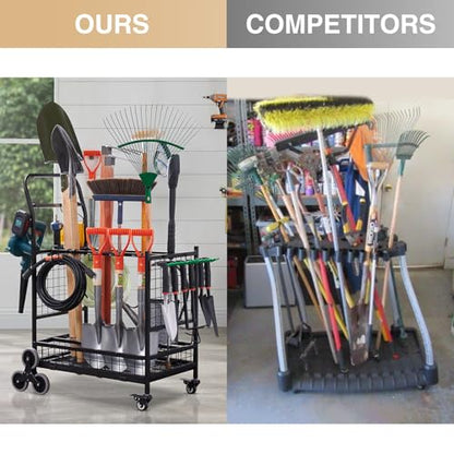 Lauren&Harold Garden Tool Organizer with 2 Stair-Climbing Wheels for Garage Storage, Garden Tool Rack, Up to 35 Long-Handled Tools, Rakes/Shovels/Yard Tools Storage Stand for Shed, Lawn and Outdoor