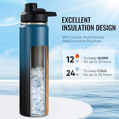Fijinhom 24 oz Insulated Water Bottle with Handle, 304 Stainless Steel Water Bottles with 2 Lids, Double Wall Vacuum Sports Water Cup with Straw, BPA Free, Keep Cold and Hot, Blue/Black - color: 2 Lids - Blue/Black, size: 24 Ounces
