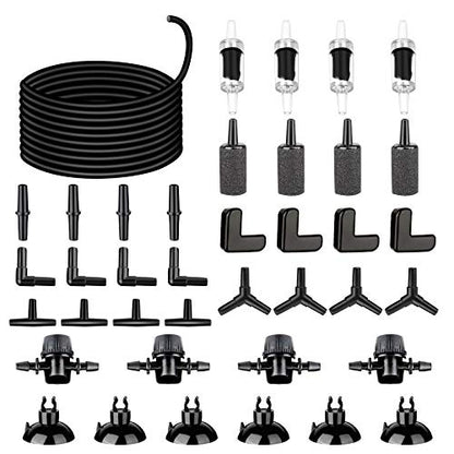 26.6 Feet Black Aquarium Soft Airline Tubing Hose Standard with 4 Air Stones,4 air Value Controller,4 Check Valves, 6 Suction Cups and 16 in Total for I,L,T,Y Shape Connectors