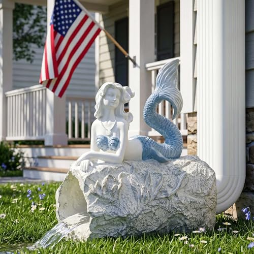 Mermaid Statue Outdoor, Garden Sculpture Figurines for Lawn and Patio Decor, Durable Resin Yard Art, Enchanting Mermaid Design, 10.6" High, Blue Finish for 3"x 4" Decorative Gutter Extension - color: Blue