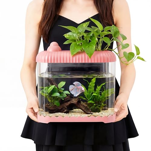 Pink 2 Gallon Plastic Aquaponic Betta Fish Tank Large Bowl Shatterproof Small Ecosystem Aquarium with Secure Buckle Lid, Clear Clarity for Terrarium, Flower Vase Betta Fish Tabletop Gifts - color: Pink