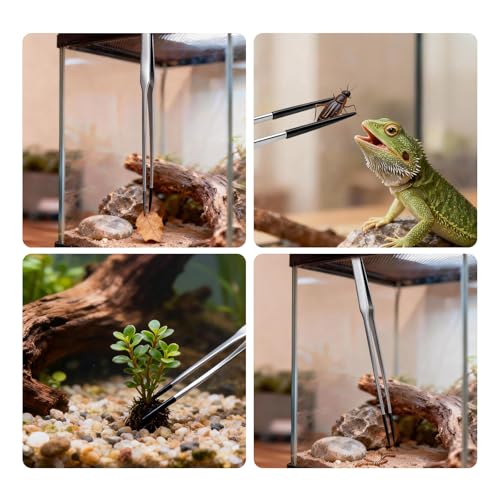 2PCS Reptile Feeding Tongs,10.6" Extra Long Stainless Steel Tweezers with Rubber Tips, Bearded Dragon Lizards Aquarium Straight and Curved Long Tweezers for Snake Feeding, Terrarium, Aquarium(Silver)