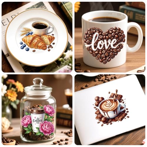 Peacoblue 18 Sheets Rub on Transfers for Crafts, Coffee 3.6"x3.9" UV DTF Cup Wraps Waterproof Cold Transfers Stickers for Wood Glass Metal Cup Tumblers Mirrors Mugs Home Decor - style: Coffee