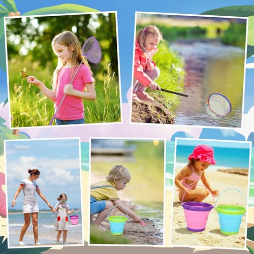2 Pack Telescopic Kids Fishing Net with Handle, 2 Collapsible Bucket Sand Pail, Stainless Steel Foldable Fishing Net Small Fishing Butterfly Bug Net Beach Shovel with Storage Bag - color: Green Pink Purple Blue