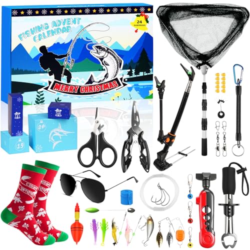 SUNNINO Fishing Advent Calendar 2025, 24 Days Christmas Fishing Lure Advent Calendar with Tool Kit, Fish Net Rod Holder, Xmas Surprise Gifts for Adult Men Father Husband Boyfriend